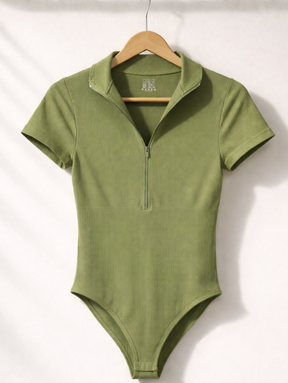 Olive Green Ribbed Zip-Front Bodysuit Top